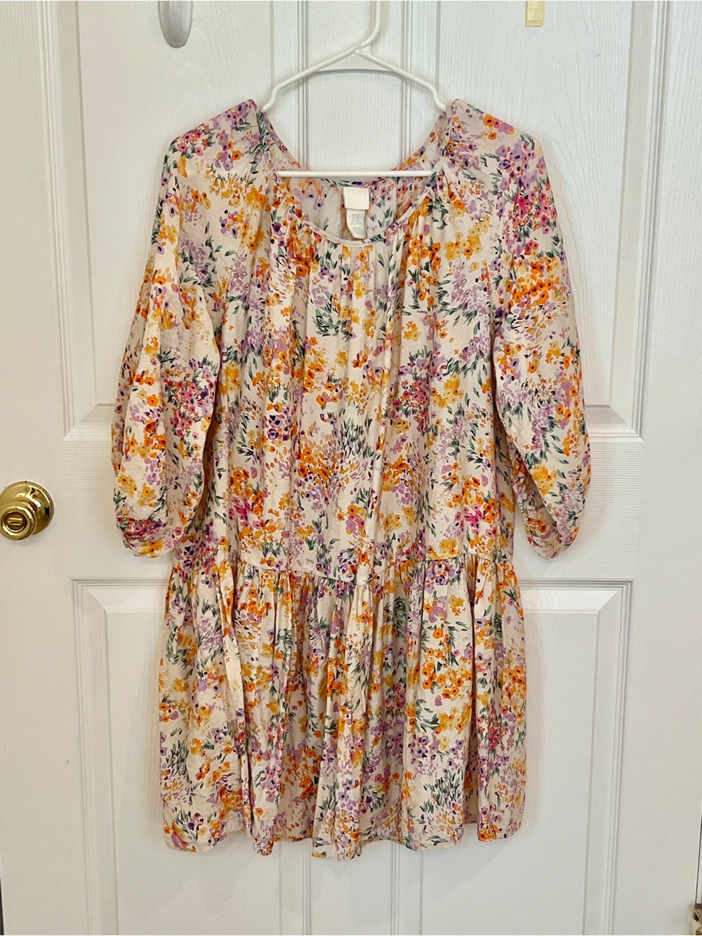 H&M Floral Smock Dress in Cream with Orange and Purple Accents